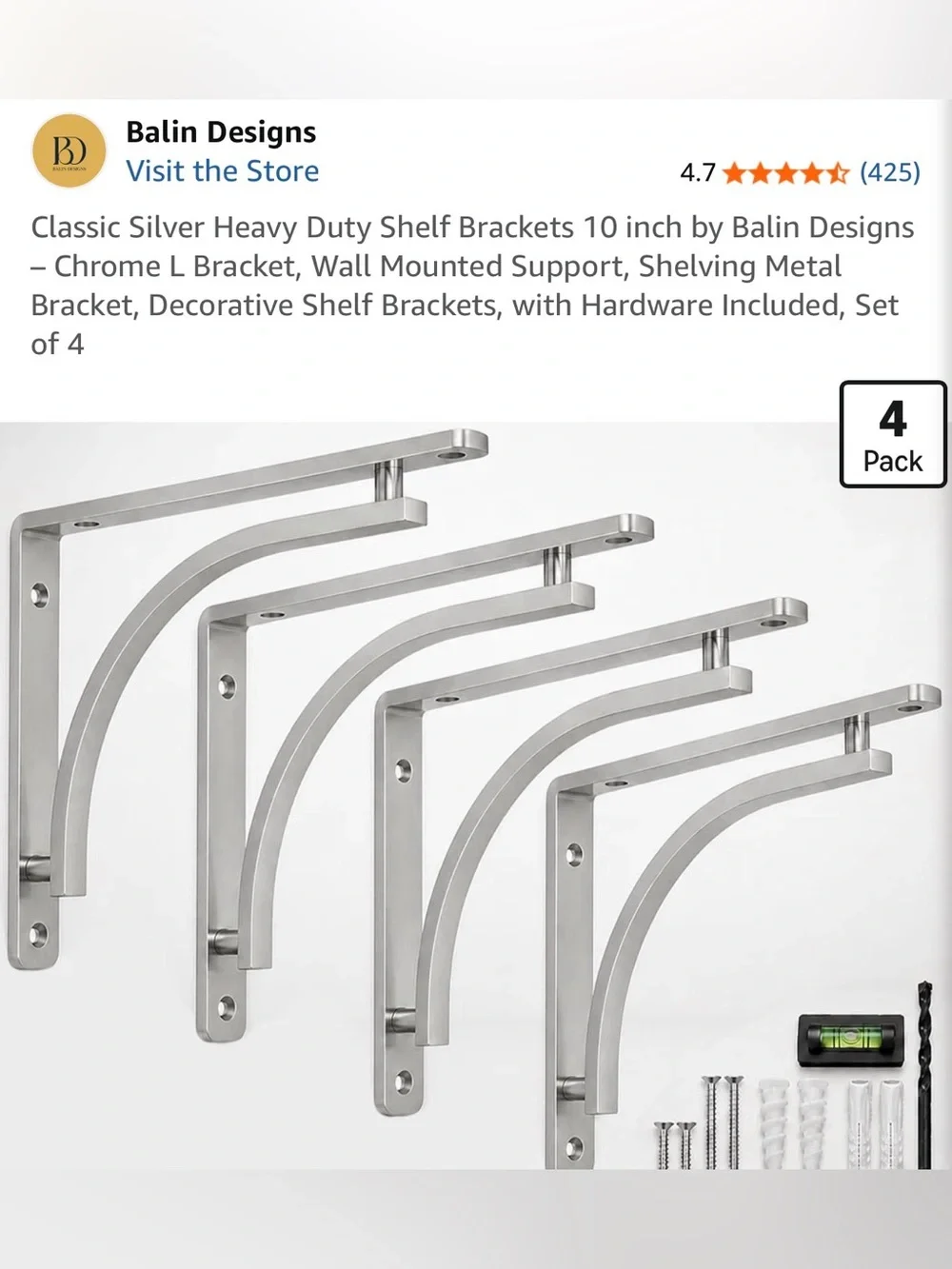 BALIN DESIGNS Chrome Heavy-Duty Wall Shelf Brackets - Set of 4 NIB